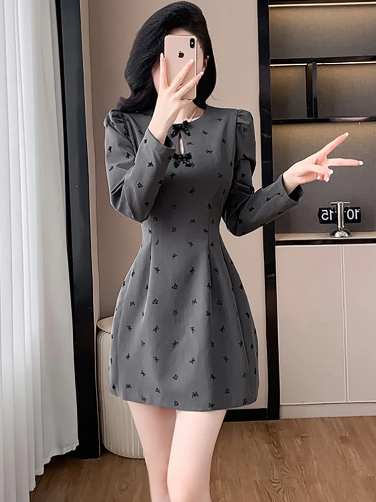 Women Fashion Print Bow Y2k Mini Dress Autumn Winter Long Sleeve Bodycon A-Line Short Dress 2024 Korean Elegant Casual Vestidos