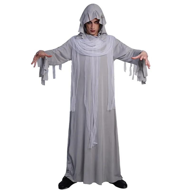 Cinzento Devil Ghost Death Cosplay para homens, fantasias assustadores para o Halloween, Carnaval, Purim, boate, RPG em bar, vestido de festa para adulto, cinza