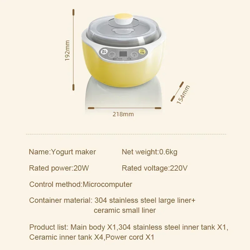 Multifunction Electric Yogurt Maker Leben Fermenter Automatic Glass Liner Natto Rice Wine Yoghurt Machine 4 Cups Container