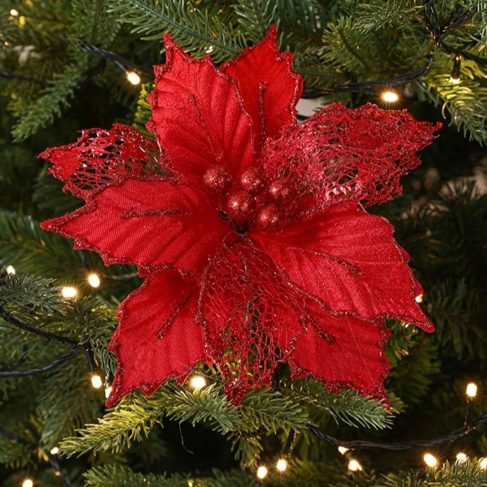 New 24cm Poinsettia Glitter Flower DIY Fake Flowers Christmas Flowers Merry Christmas Party Supplies Xmas Tree Decorations