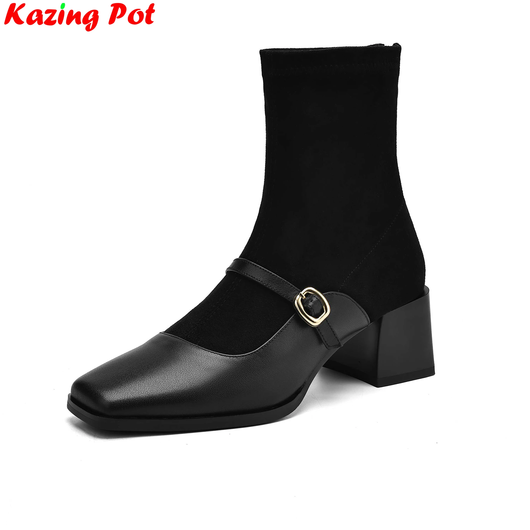 

Krazing Pot Plus Size 34-43 Cow Skin Square Toe Zipper High Heels Modern Stretch Boots Warm Winter Shoes Dating Ins Ankle Boots