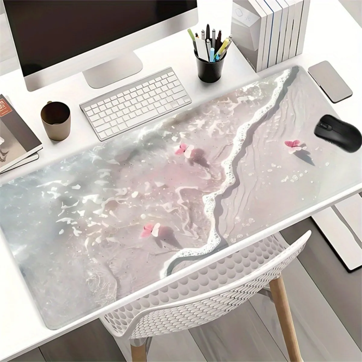 

Розовый коврик для мыши с рисунком волнистых бабочек, резиновый, нескользящий, с прошитыми краями, для офиса, игр, декора компьютерного стола