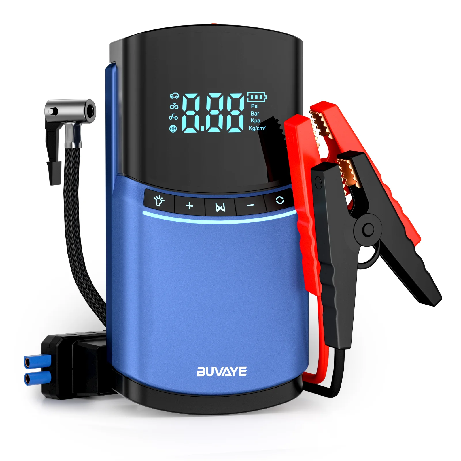 

BUVAYE 12000mAh 2500A Car Jump Starter Air Pump 150PSI Tyre Compressor for 8.5L Gas & 6L Diesel Smart Jumper with LED Lights