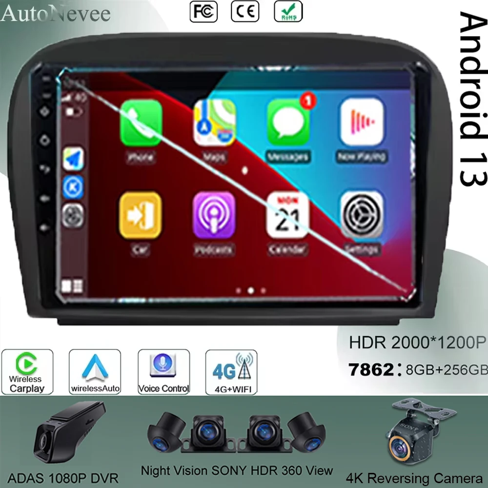 Radio con GPS para coche, reproductor con Android 13, DVD, 5G, WIFI, pantalla táctil QLED, para Mercedes Benz SL, R230, SL350, SL500, SL55, SL600, SL65, 2001 - 2007