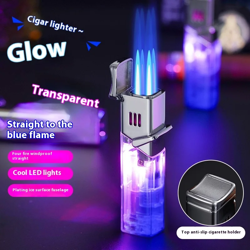 2024 New Metal Lighter Led Color Light Perspective Gas Window Lighter Inflatable Rocker Lighter Windproof 4 Fire Cigar Gifts