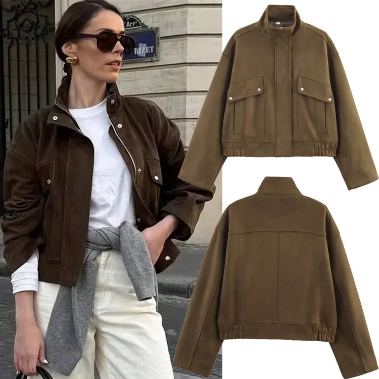 

Spring 2025 New Women's Suede Texture Effect Loose Version of Fashion Lapel Shoulder Bomber Jacket