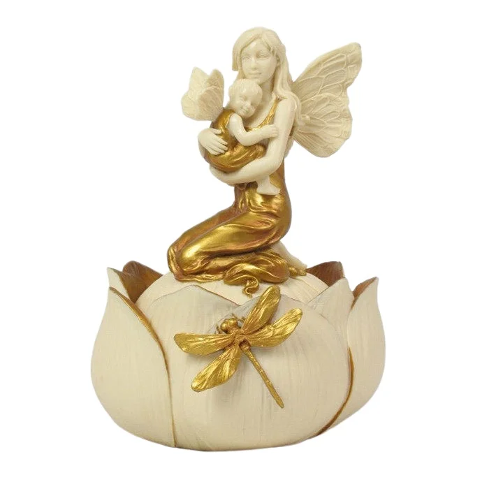 Mom and Baby Winged Fairy Trinket Box Golden Dragonfly Lotus Shaped Jewelry Storage Box Resin Angel Figurine Desktop Decoration