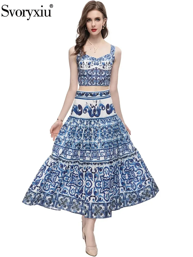 

Svoryxiu Summer Fashion Blue And White Porcelain Printing Long Skirt Suit Women's Ultrashort Slim Top+High Waist Big Swing Skirt