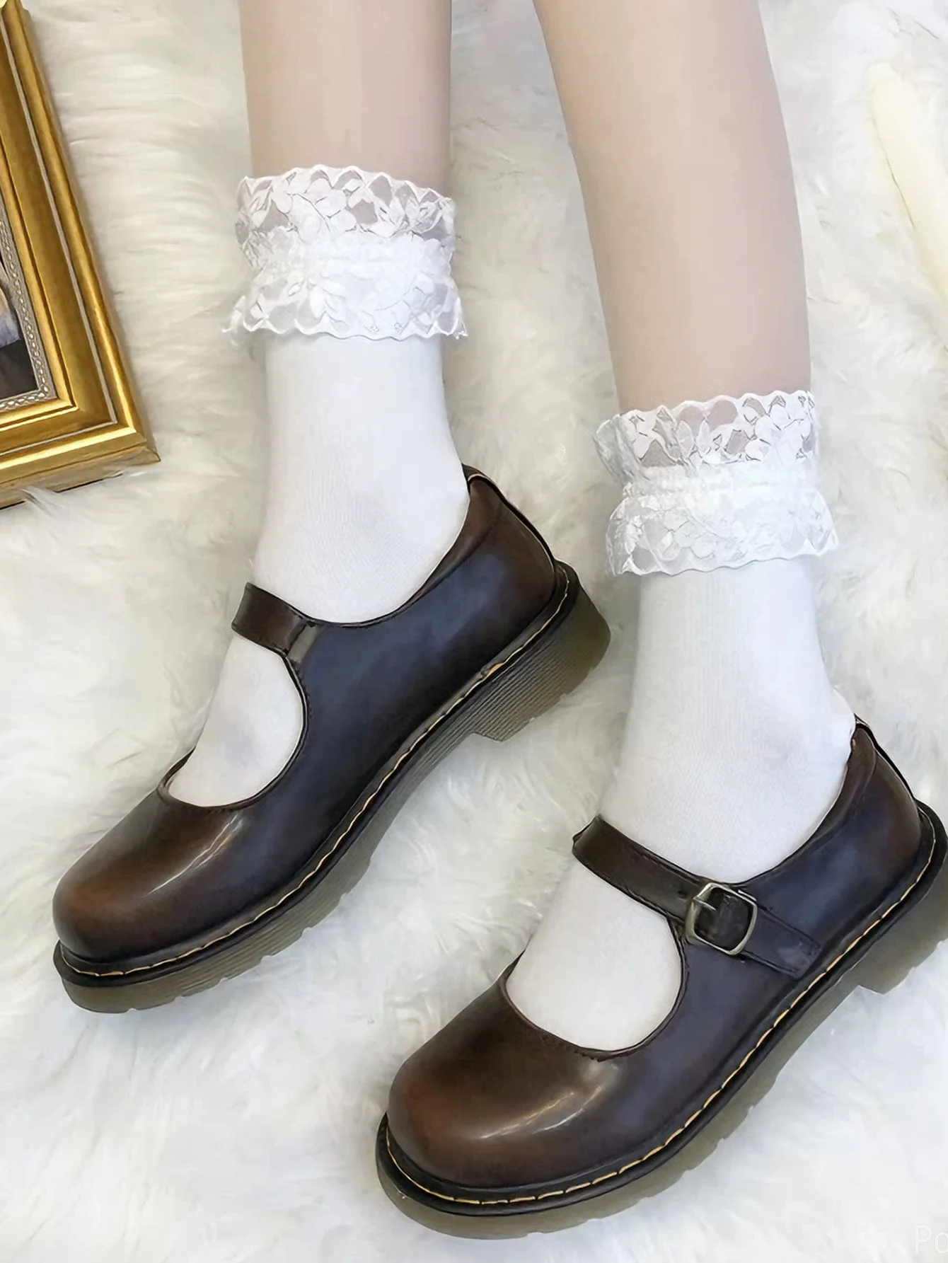 

1 пара женских носков до середины икры с милыми узорами и кружевной отделкой в японском стиле в стиле Лолиты, школьный повседневный наряд для свиданий, милый эстетический стиль для фотосессии