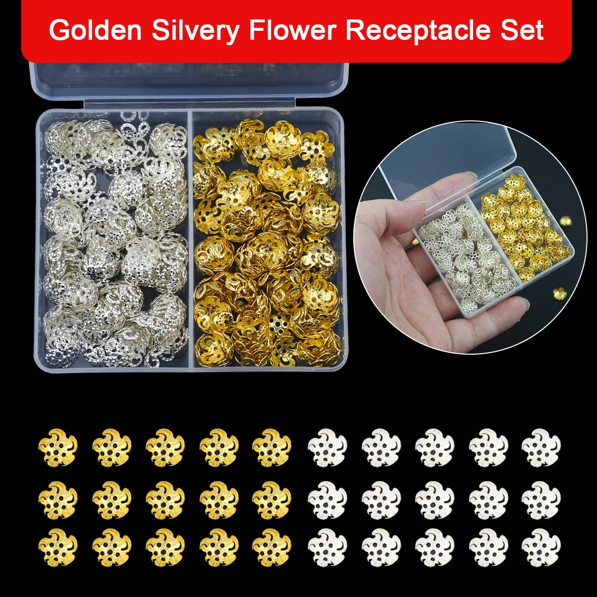 1 Box 200pcs 8mm Alloy Hollow Flower Bead Caps Five Petal Spacer Beads For DIY Jewelry Making Bracelets Necklaces Golden Silvery