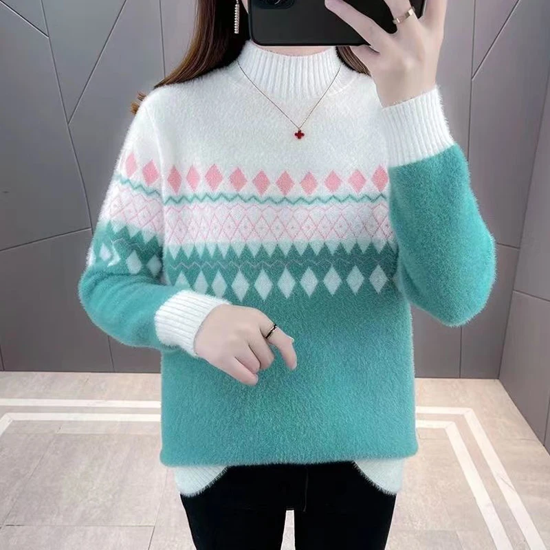 Autumn Winter Women Korean Fashion Contrast Color Warm Knitted Sweater Casual Half High Collar Long Sleeve Pullover Tops Jumpers