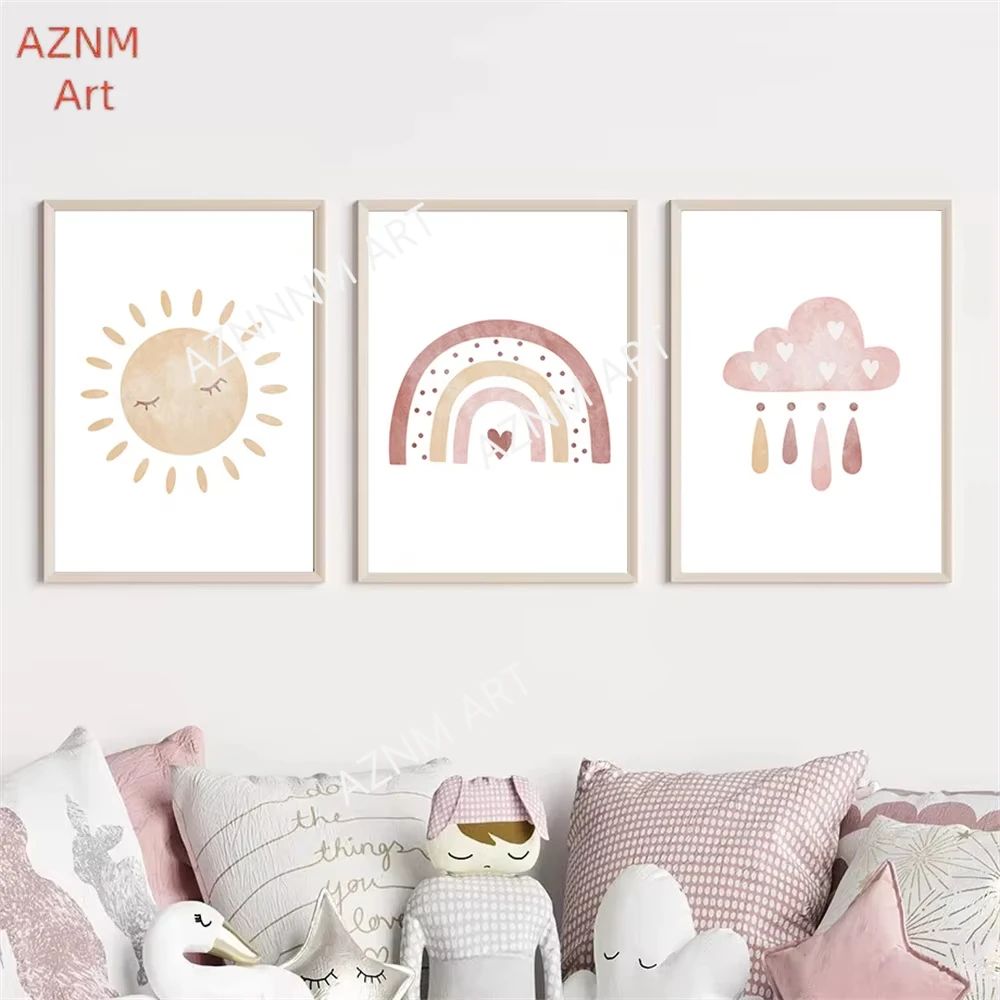 1/3pcs Sun Cloud Heart Rainbow Poster Canvas Painting Nursery Wall Art Posters And Prints Boho Wall Pictures Kids Room Decor