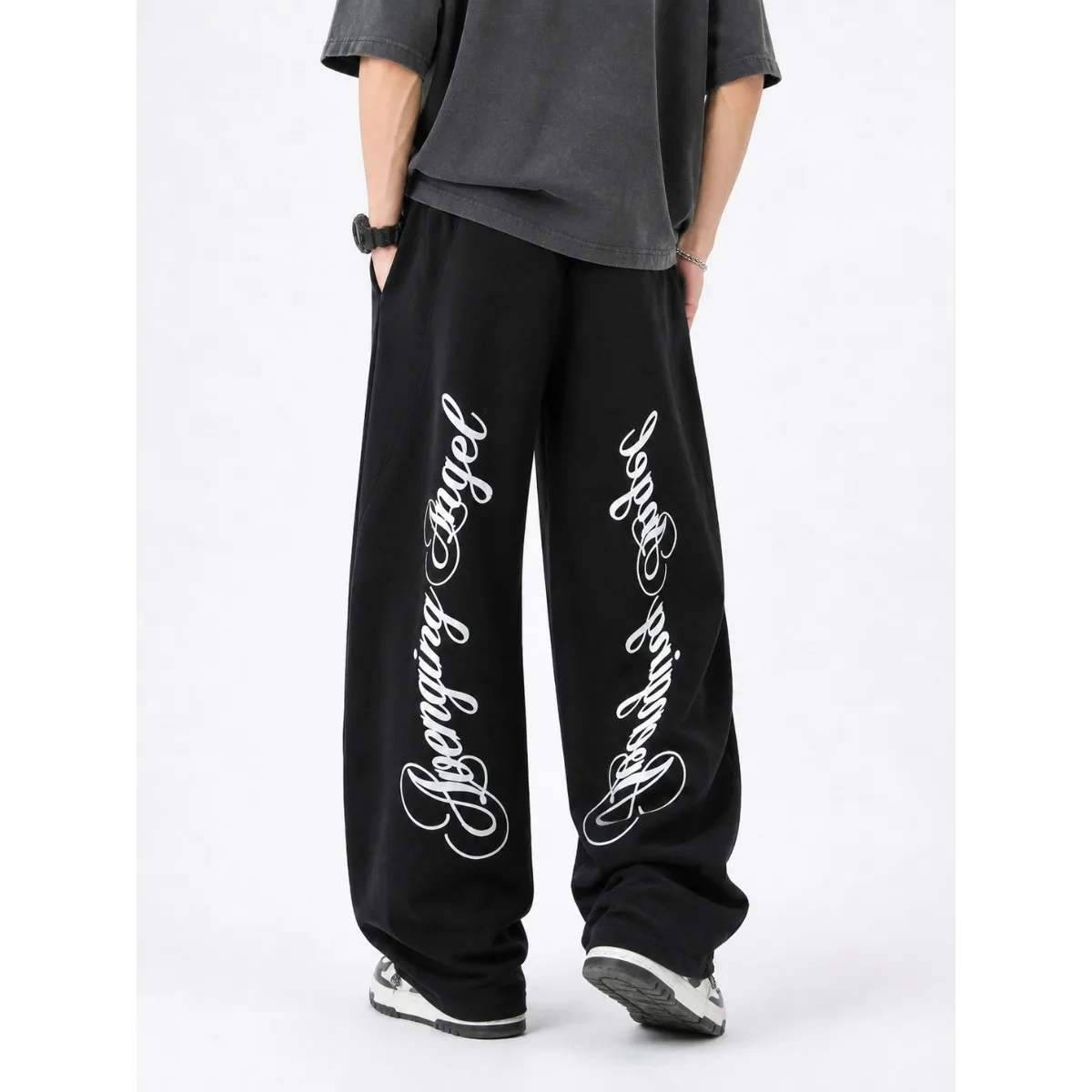 American Style Casual Loose Fit Pants Men's Drawstring Grey Letter Print Long Straight Leg Trousers Versatile Sporty Sweatpants