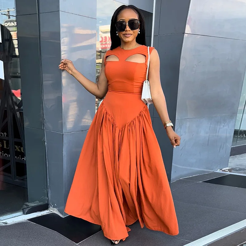 

New WOMEN'S clothing2024summer new style elegant round neck hollow out mid-length sleepveless dress