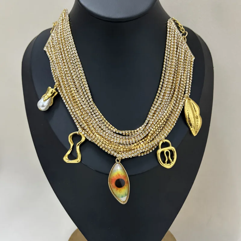 Luxurious Fashionable Multi-layered Sequined Fringed Necklace Eyes Lips Elegant Women's High End Banquet Collar Necklace