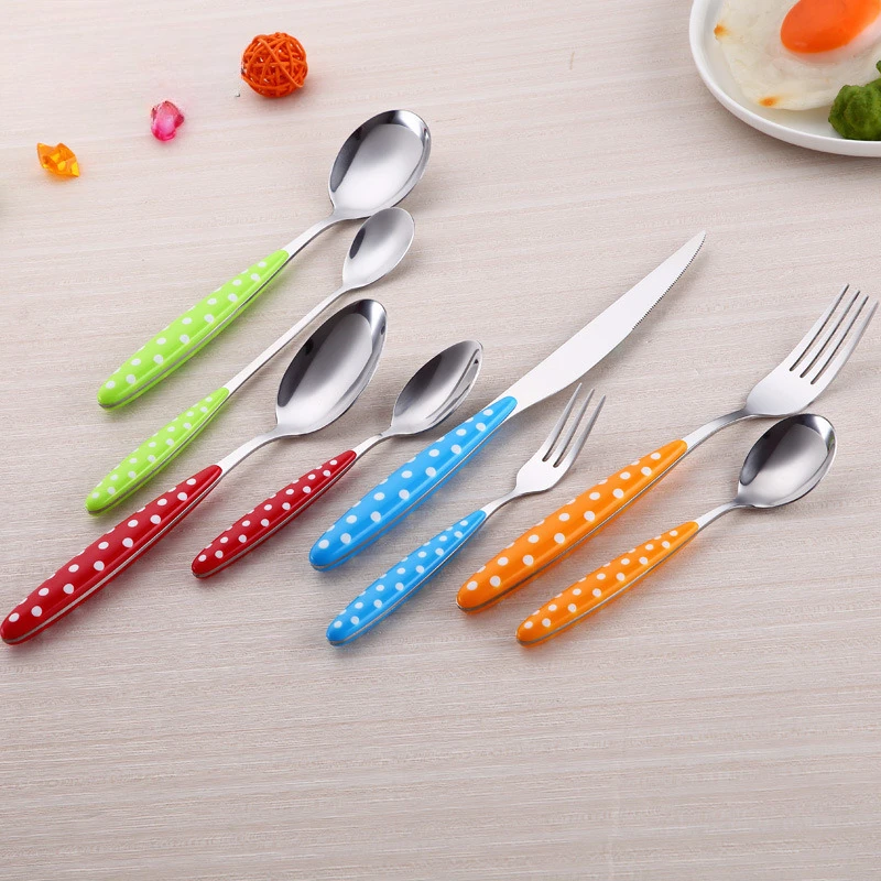

New stainless steel tableware with colorful polka dot knives, forks, spoons and cutlery dinnerware set 8-piece set
