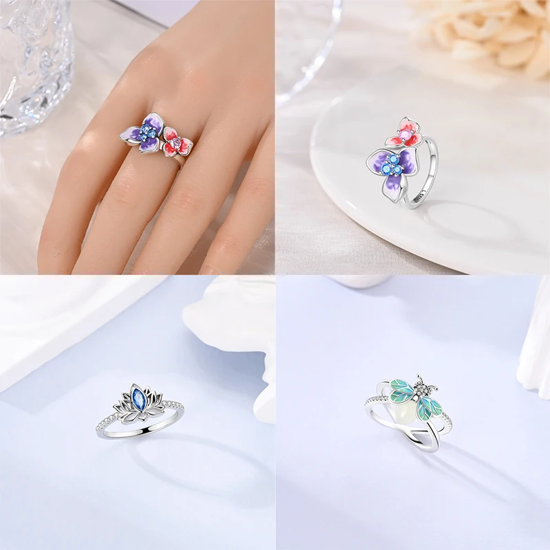 Rings For Women 925 Sterling Silver Tulip Lotus Flower Butterfly Firefly Sweet Romantic Spring Wedding Anniversary Fine Jewelry image 4