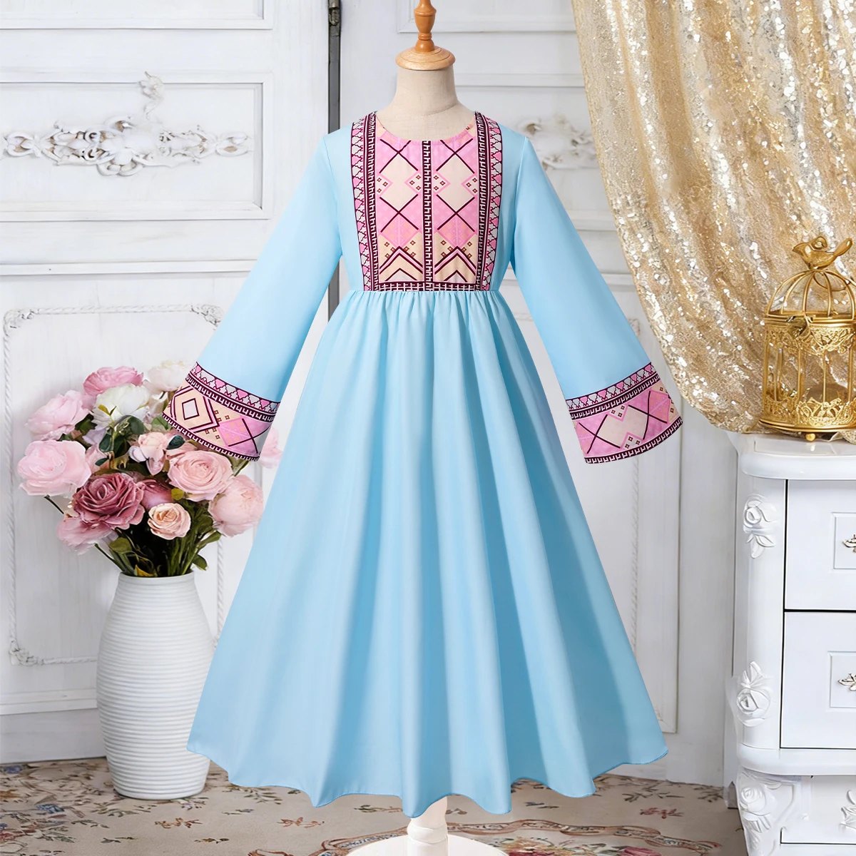 Children's Prayer Dress Dubai Traditional Clothing Geometric Printed Long Dress 8-12 Years Old Girls Long Sleeve Robe