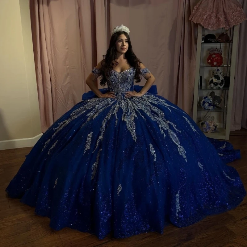 

Royal Blue Shiny Ball Gown Quinceanera Dresses Applique Lace Beading Crystal Bow Tull Corset Off Shoulder Sweet 16 Dress Vestido