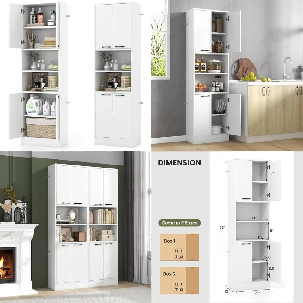 75-Inch Tall Bathroom Storage Cabinet with 4 Doors, 2 Open Shelves, and 4 Anti-Tip Devices