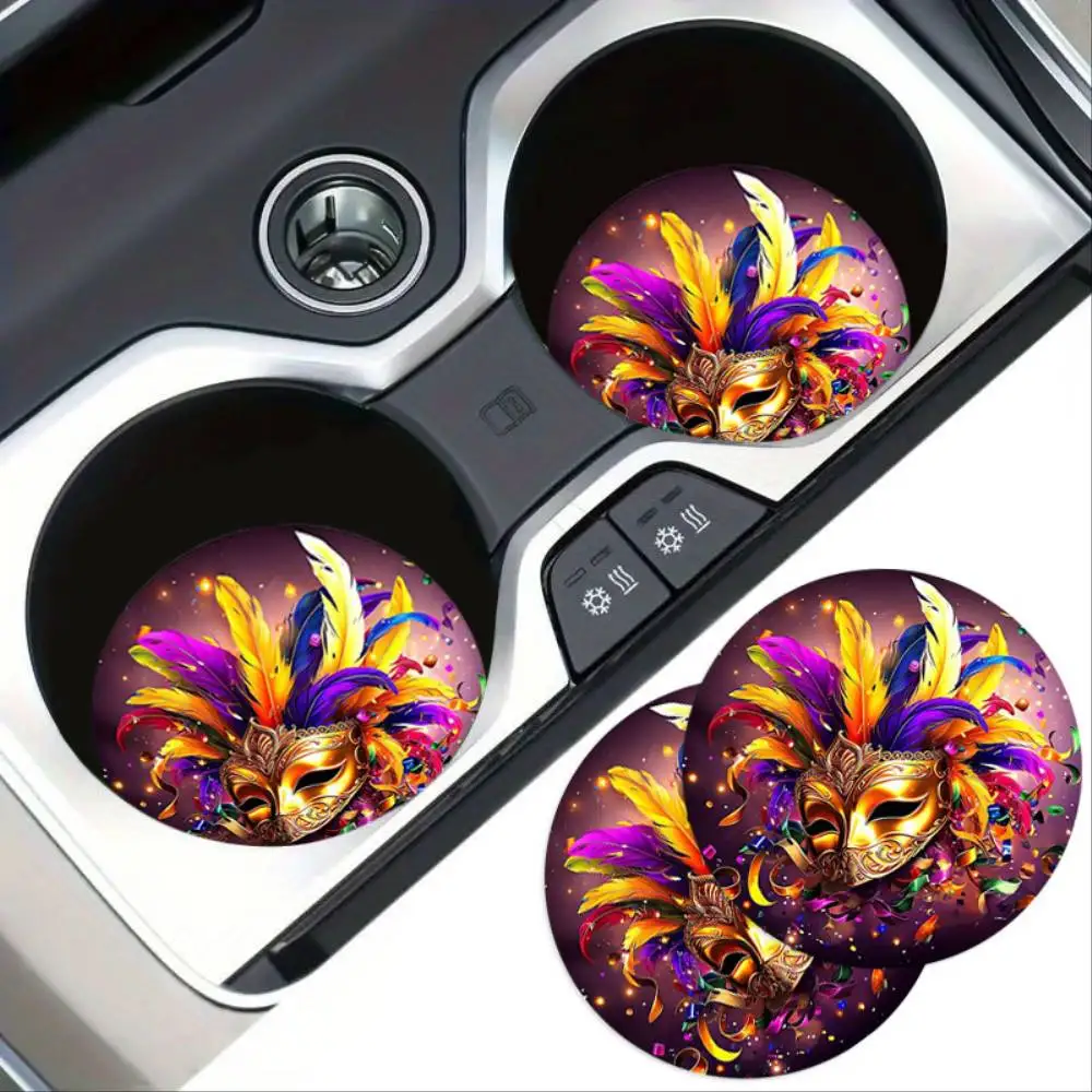 Vibrant Feather Mask EVA Car Coasters Washable Mardi Gras Gift & Car Cup Holder Decor