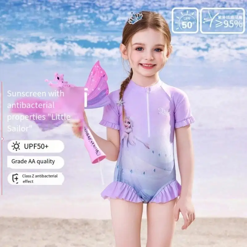 

Frozen Sweet Girl Disney Elsa Triangle Ruffles Siamese Swimsuit Sun Protection Quick Drying Leisure Vacation Hot Spring Swimsuit
