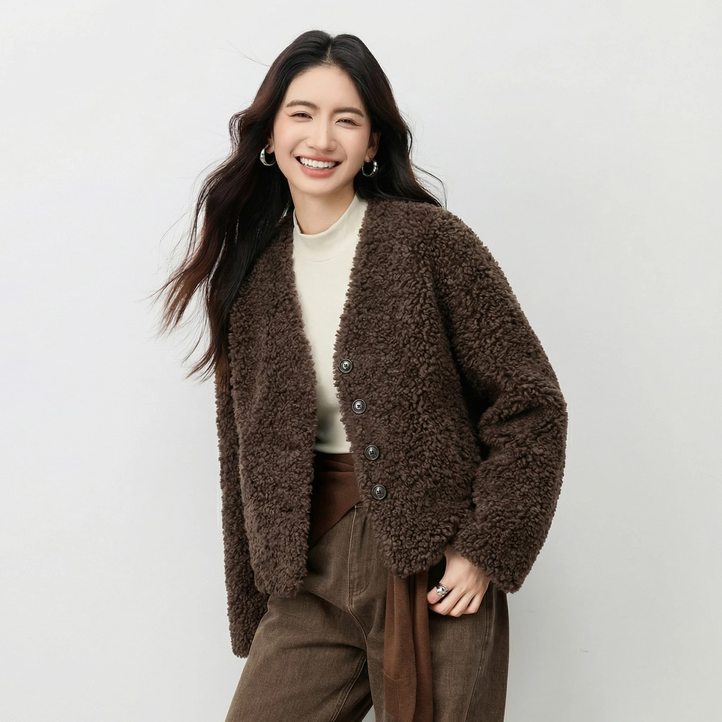 SENTUBILA Faux Fur Jacket for Women 2026 Winter Coffee V Neck Thick Warm Fake Fur Coat Commute Short Coat Female W64PD6370