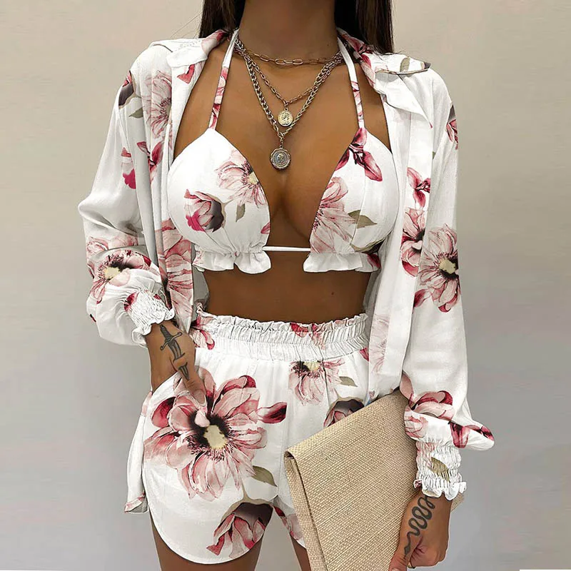 Print Floral Swimsuits 3 PCS Beach Bikinis Set Women Push Up Female Plus Size Swimwear Bather Swim Wear Women Bathing Suit 2022