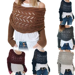 Autumn and Winter Long Shawl Knitted Hollow Out Fashion Casual Wraps Shoulder Sweater Scarf with Lengthened Double Sleeves