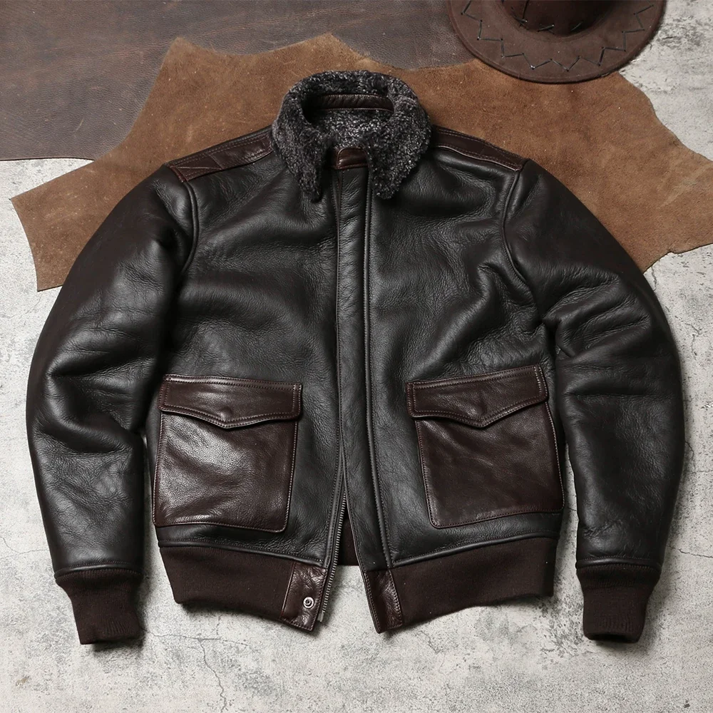 Tailor Brando Original Sheep Shearling American Vintage A2 Pilot Jacket Men's Classic Warm Genuine Leather Jacket