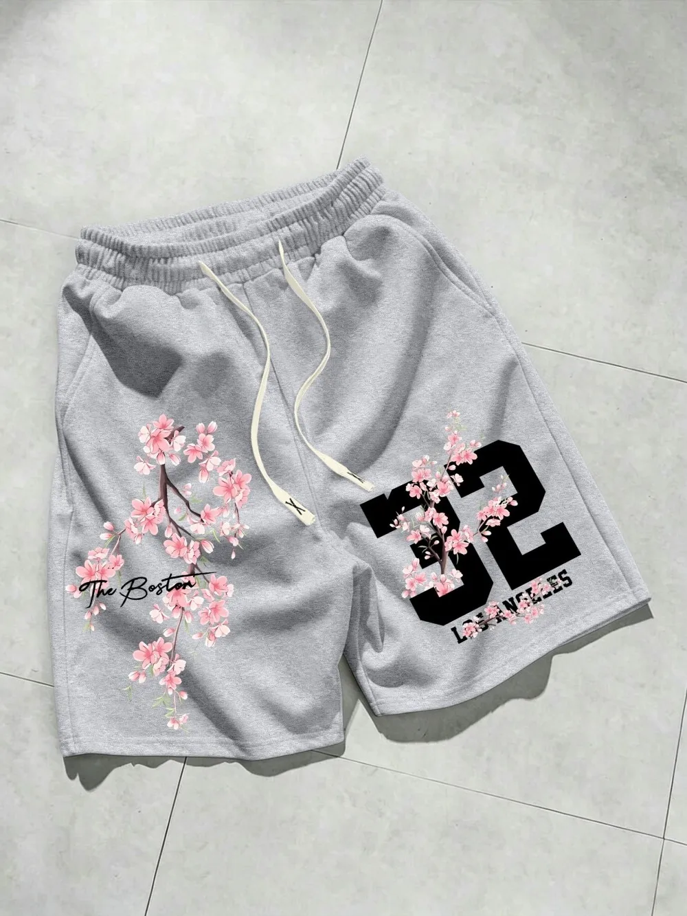 Hot selling American men's summer Boston cherry blossom digital print soft breathable drawstring shorts outdoor casual pants