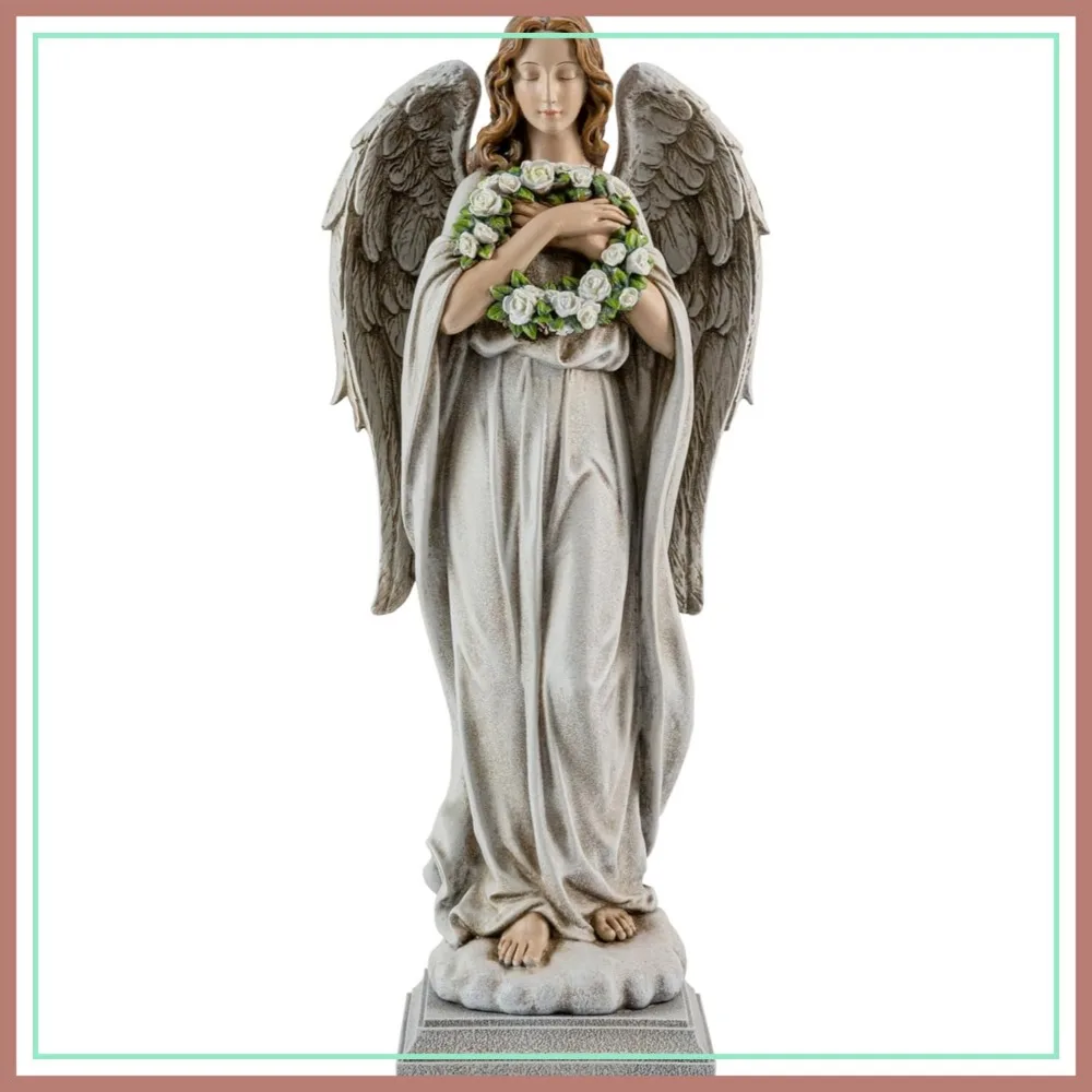 

16" Garden Angel Statue with Flower Wreath - Outdoor Memorial Decor