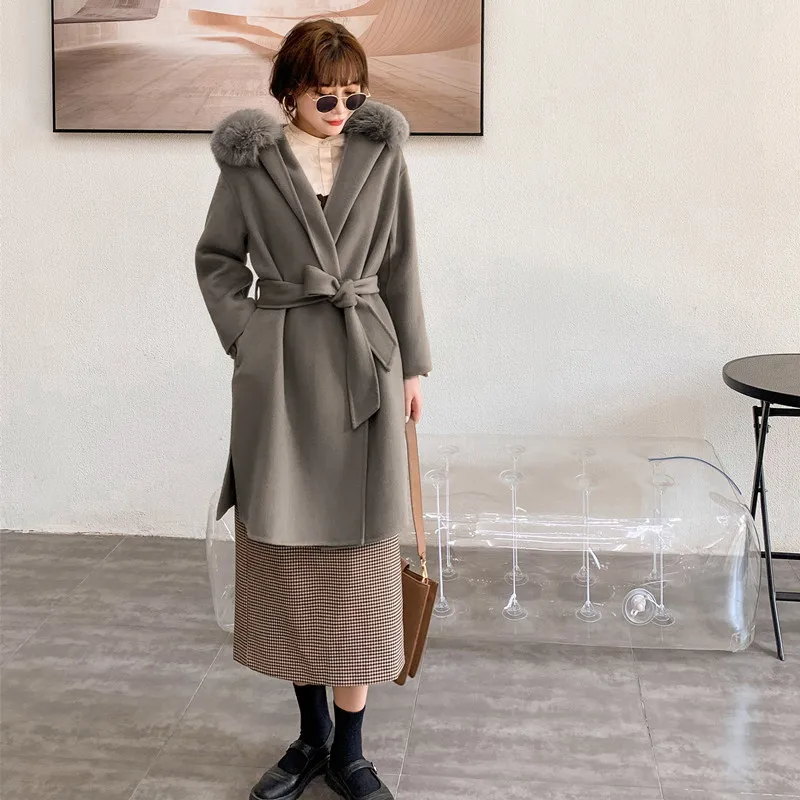 2023 New Hooded Real Fur Cashmere Coat Winter Women Fashion Natural Fox Fur Wool Jacket Long Loose Outerwear Belt Ladies Streetw