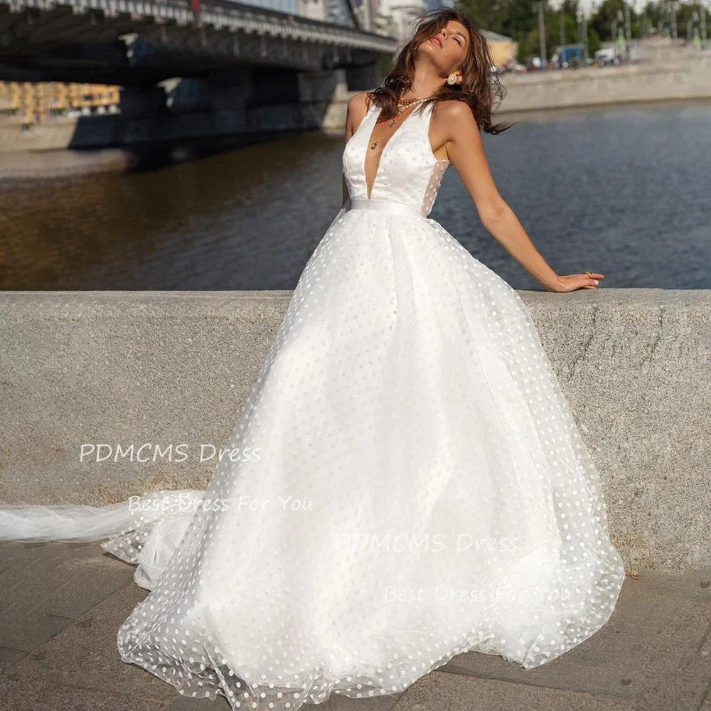 SSYTENS Elegant Dot Net Tulle Beach Wedding Dresses Women Princess Bride Dress Open Back Bow Halter Sexy Civil Bridal Gowns