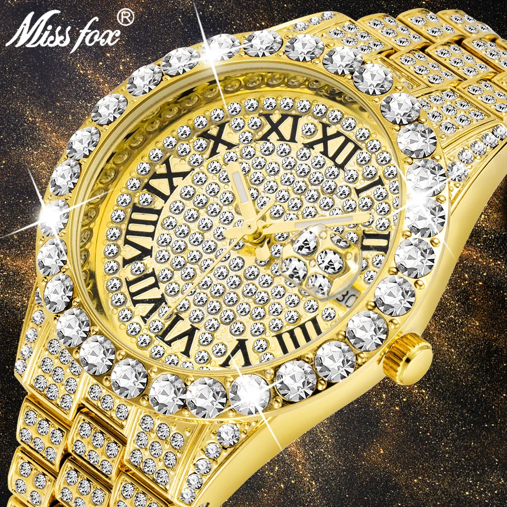 36mm Luxury Watch For Women Fashion Full Ice Out 18K Gold Plate Quartz Lady Wristwatch Hip Hop Bling Diamond Dress Jewelry Clock