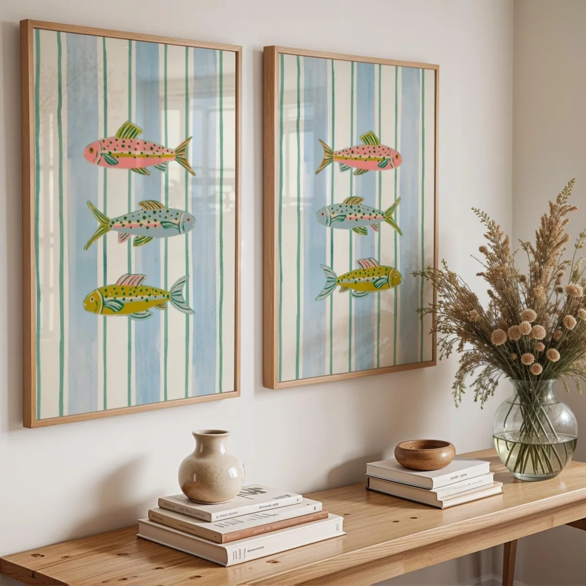 2pcs frameless Canvas Painting 2pcs/set Pastel Fish Striped Canvas Prints Poster Modern Nautical Coastal Art Prints Living Room