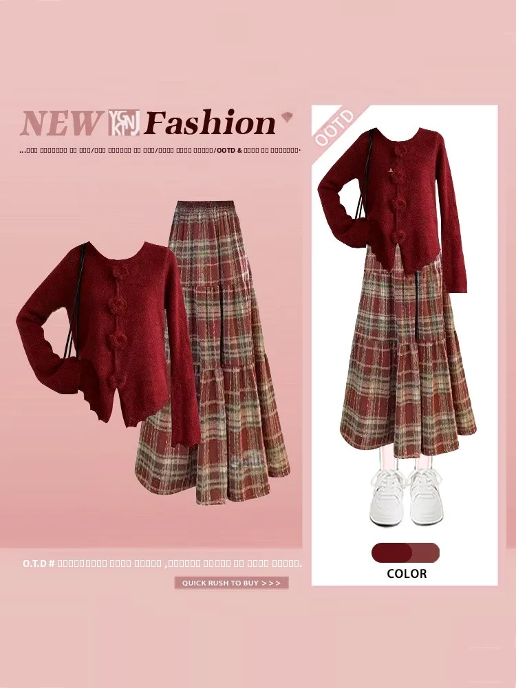 

Red Knitted Sweater And Plaid Skirt Two-Piece Set Women's Winter Loose round Ne Faionable New Year Aosphere Sensation