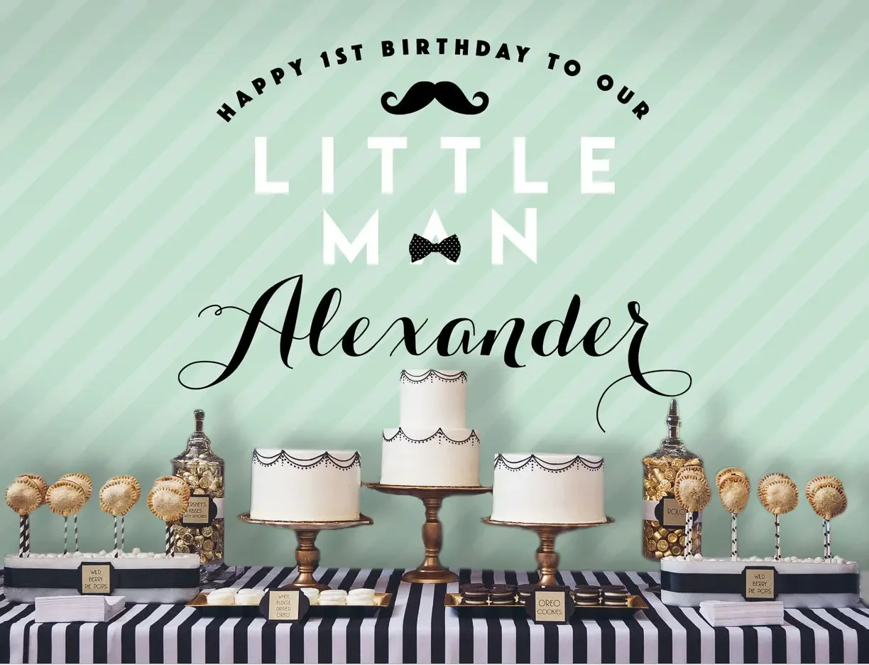 custom Little Man Mustache Happy 1ST Birthday Blue Striped backgrounds  High quality Computer print party photo backdrop