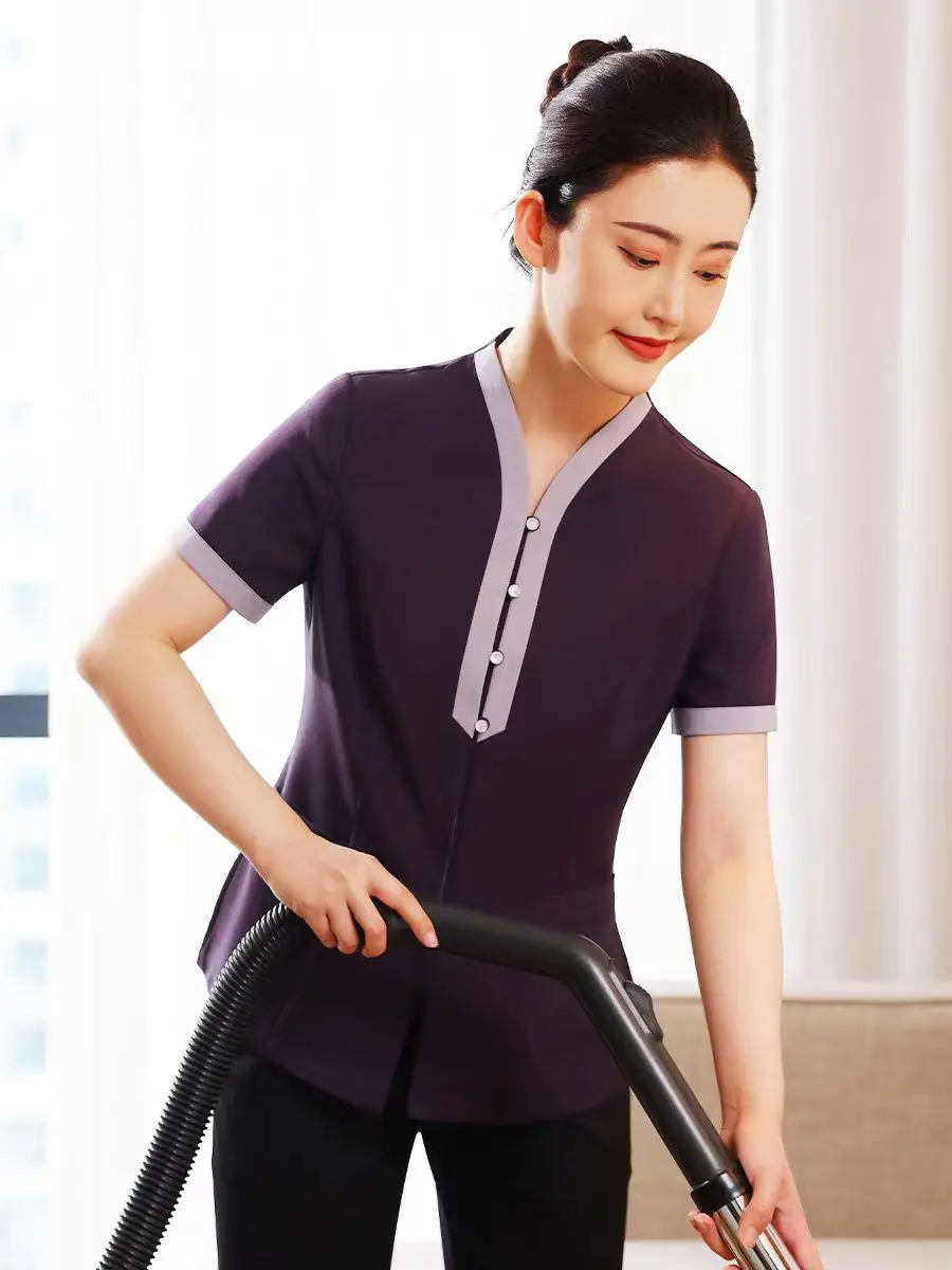 2024 Summer Chinese Traditional Hotel Housekeeping Work Wear Customize Logo Restaurant Waitress Uniform Maternity Matron Clothes