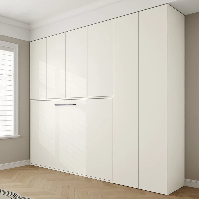 Modern Multifunctional Home Furniture Space-Saving Rollover Invisible Bed Integrated Folding Wall Wardrobe Desk Wood Panel Style