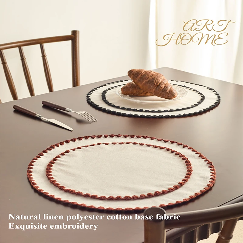 4pcs/Cotton and Linen Placemats, Round Square Solid Color Fabric Embroidered Lace Tablecloths, Personal Napkins and Plate Cloths