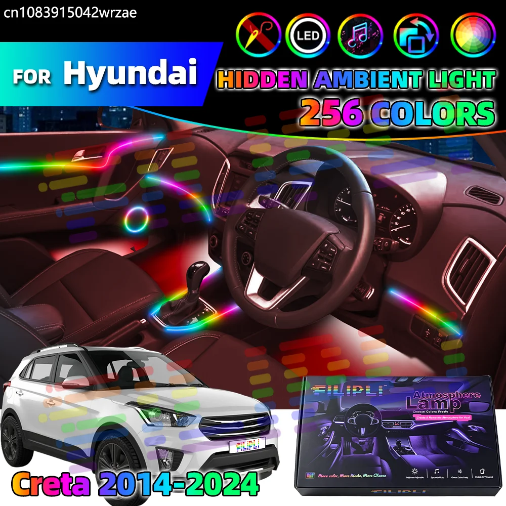 Para Hyundai Creta 2014-2024 Luzes LED para Carro com Brilho Ajustável 64RGB Faixa Neon Interior com Modo Regulável para Decoração da Cabine