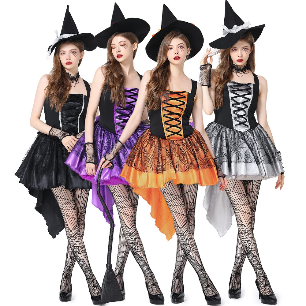 Disfraz de Bruja con Tirantes de Malla Morada y Naranja para Halloween, Traje Tradicional para Actuaciones, para Mujeres de 18 a 25 Años, Hecho en China