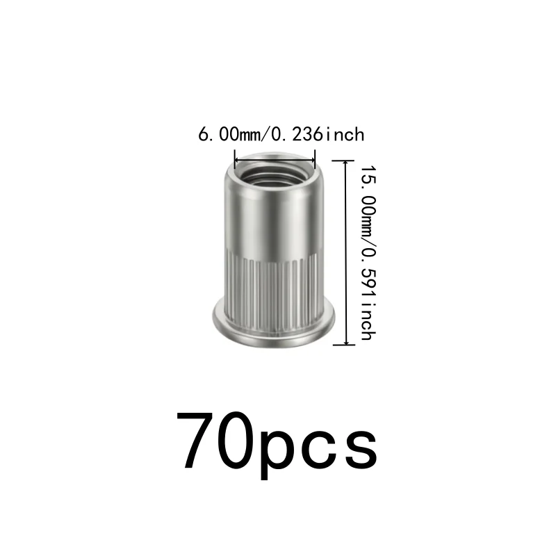 70 pcs M6 Knurled Rivet Nuts for Industrial Fastening, Secure Threaded Connection, Corrosion Resistant, Multipurpose