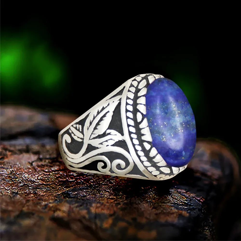 Oval Lapis Lazuli Stainless Steel Rings Natural Stone Leaf Plant Vintage Fashion Jewelry TR730