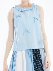 imakokoni 2024 summer new Korean style niche blue grid bow lace collar vest 244725