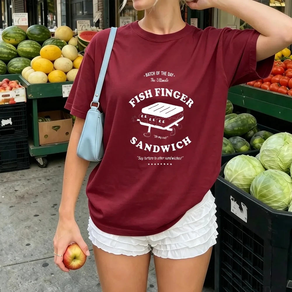 Vintage Distressed Fish Finger Sandwich Anthropomorphic Cartoon Character Text Print Women Cotton British Snack Retro 90s Tops