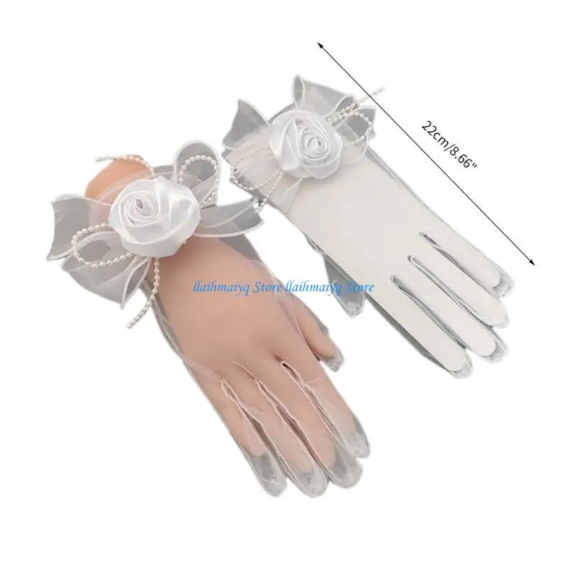 573B ファッションシアーフラワー & ちょう結び装飾手袋弾性ブライダルエチケットショートレース手袋夏シースルー白手袋