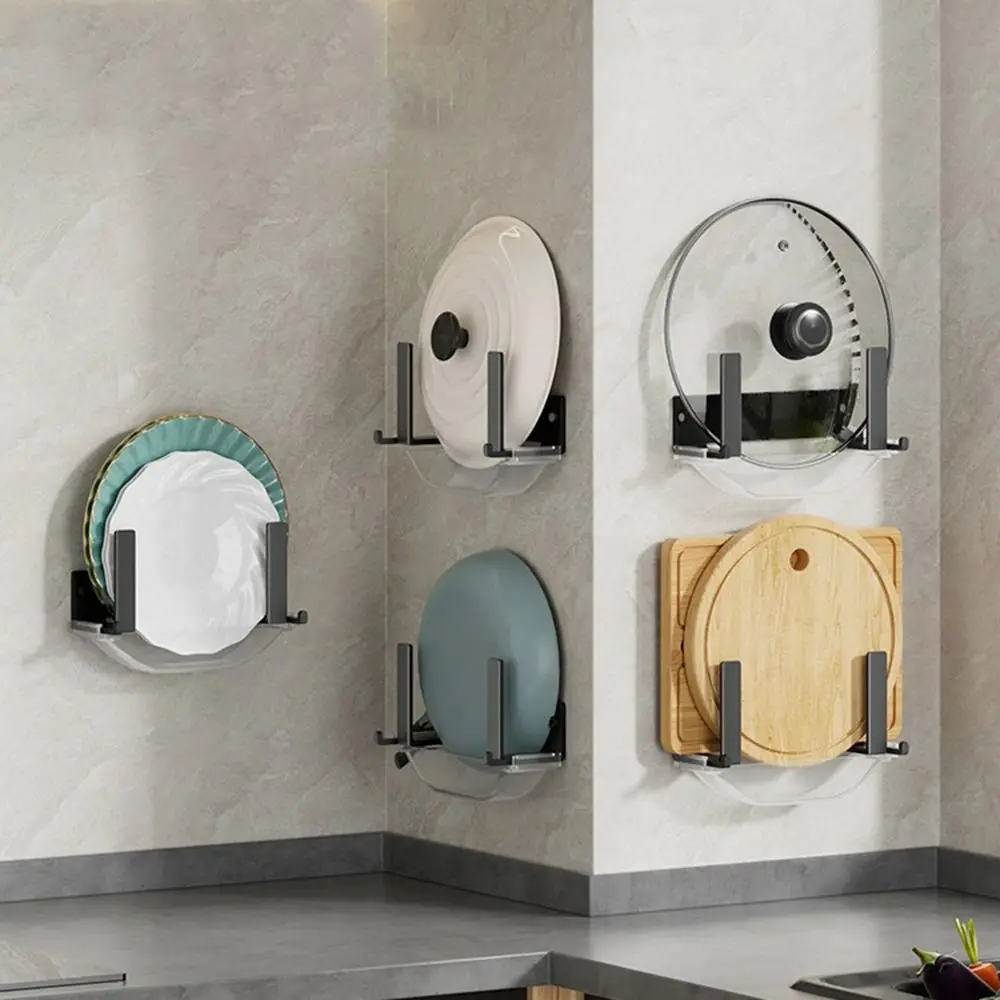 Black Pot Lid Rack Punch-free Wall Mounted Cutting Board Storage Rack Space Saving Anti-slip Pot Lid Storage Holder Kitchen