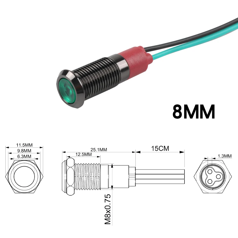 8MM Metal Indicator Light, LED Strip Light With Waterproof Function Oxidized Black Shell, Red Green Yellow Blue White 6V12V24V